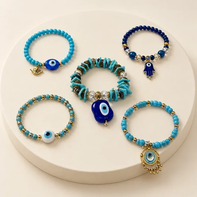 Juego de cinco pulseras ojo turquesa