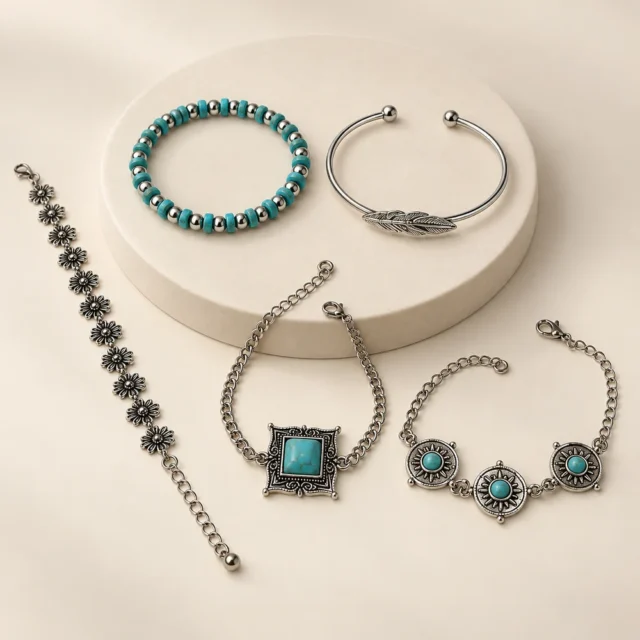 Juego de pulseras turquesa y plata
